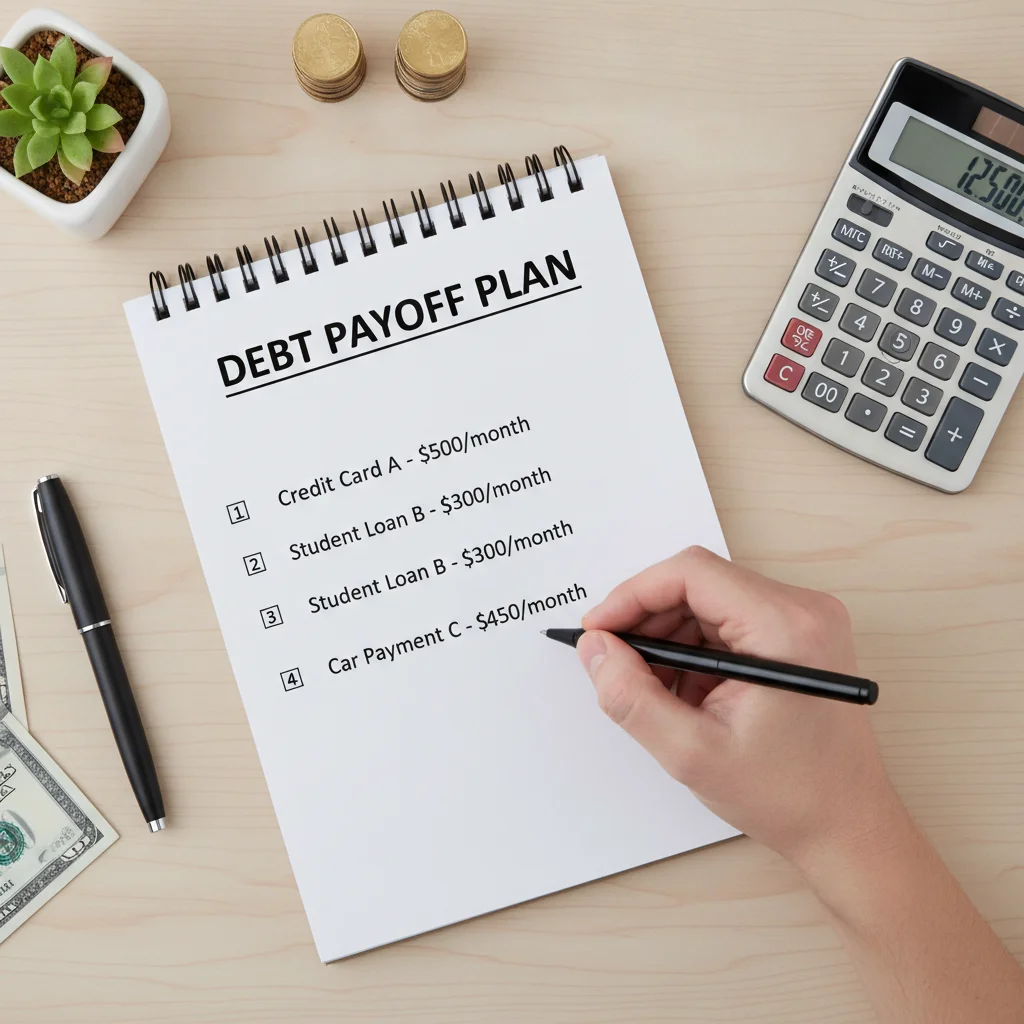 Hand writing a structured debt payoff plan with numbered steps and checkboxes on a notepad