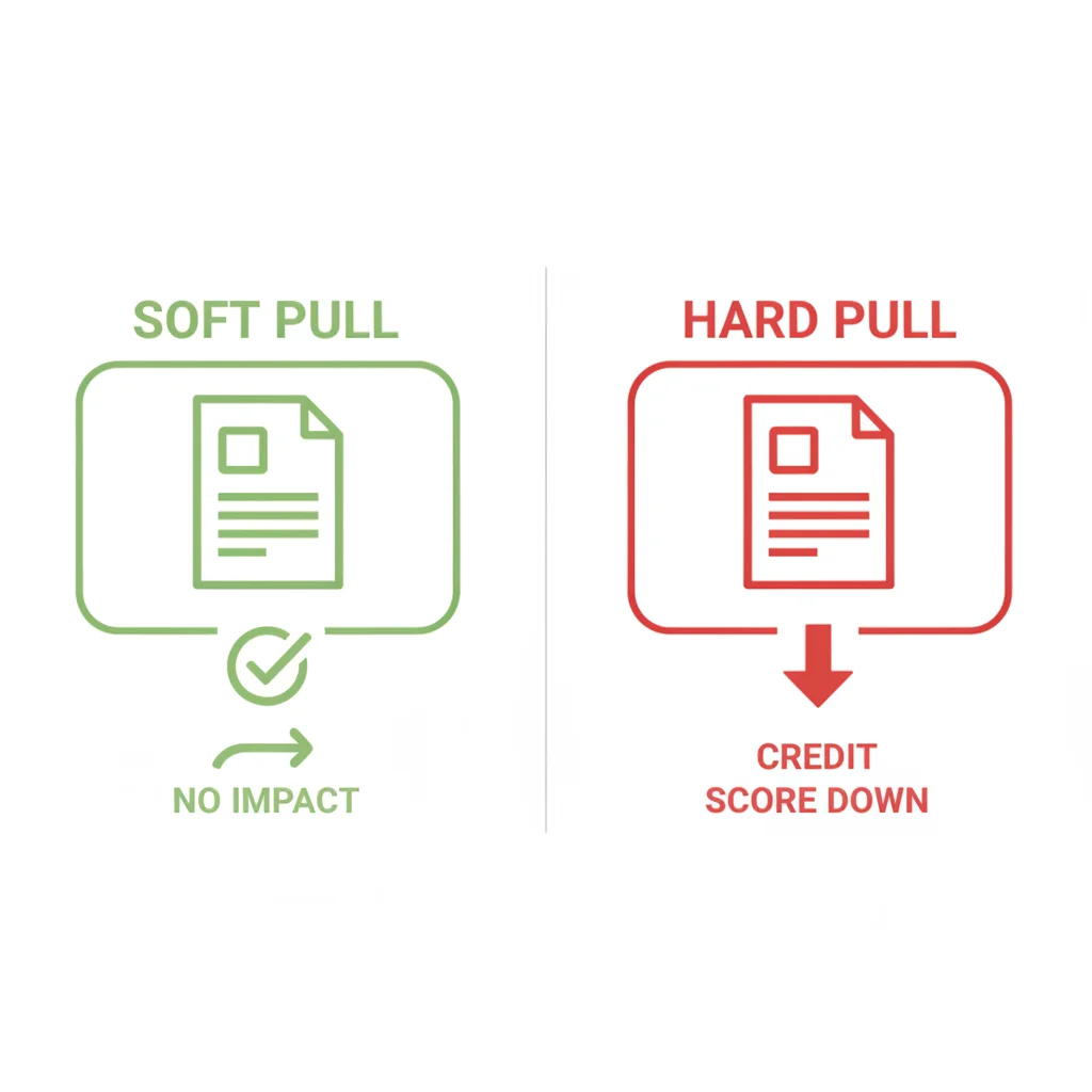 Diagram comparing soft pull and hard pull credit inquiries showing their respective score impacts