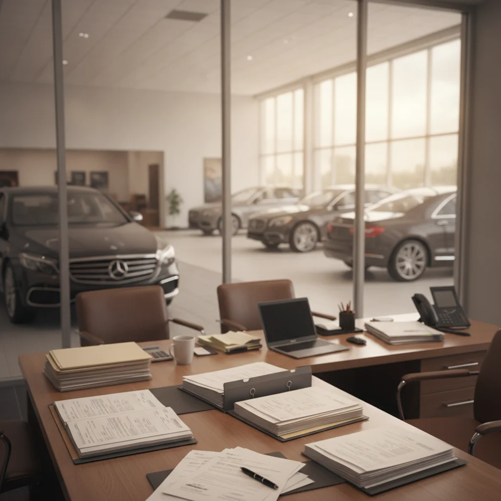 Car dealership finance and insurance office desk with loan paperwork ready for signing