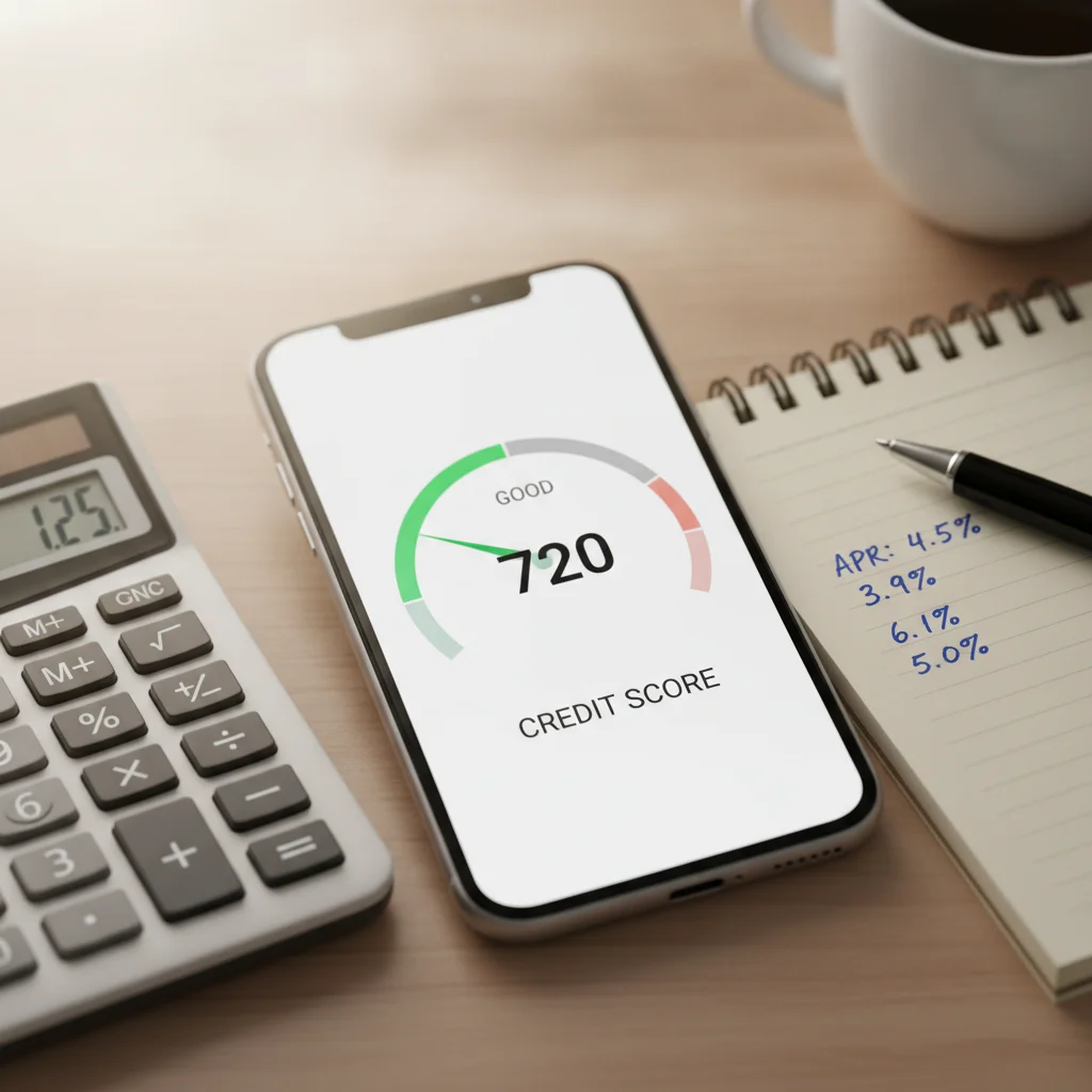 Smartphone displaying a 720 credit score alongside a calculator showing APR calculations for an auto loan
