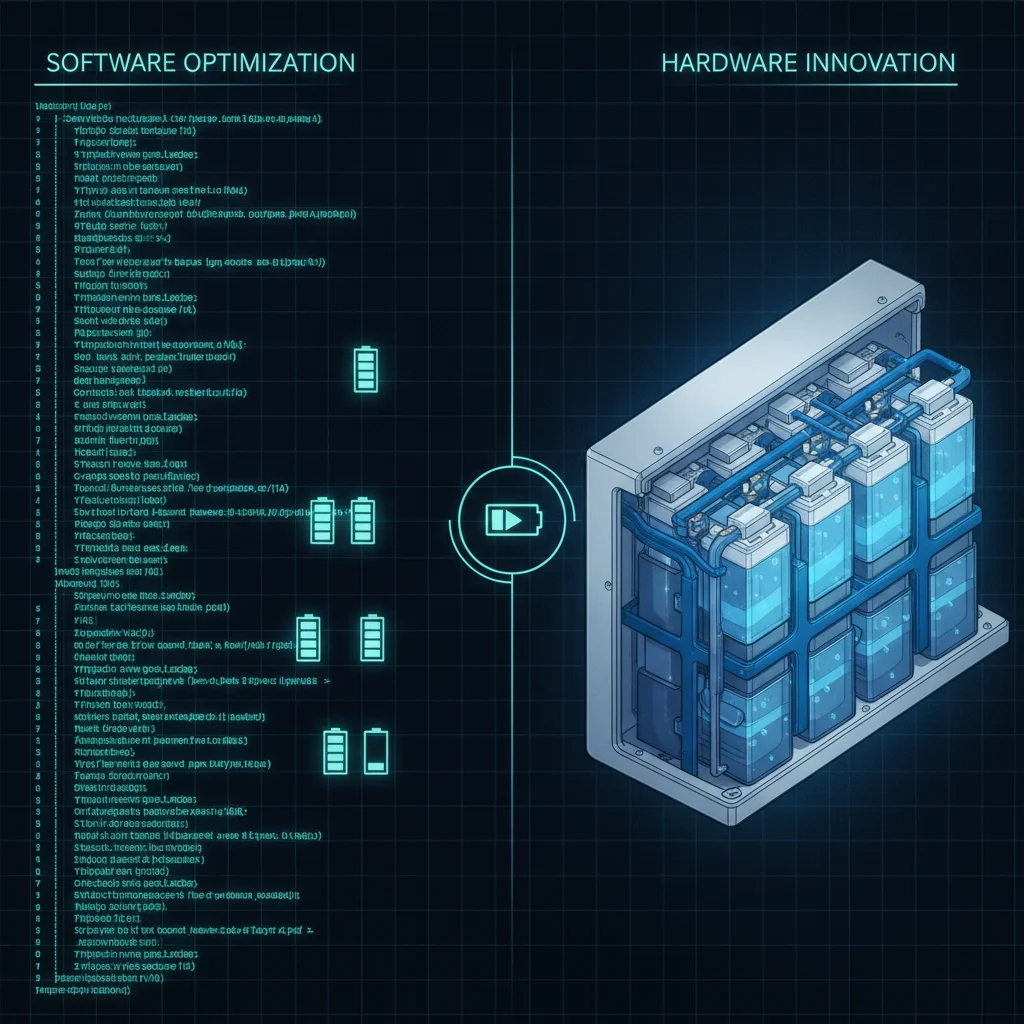 Split illustration comparing EV software code on screen versus physical battery pack cell modules