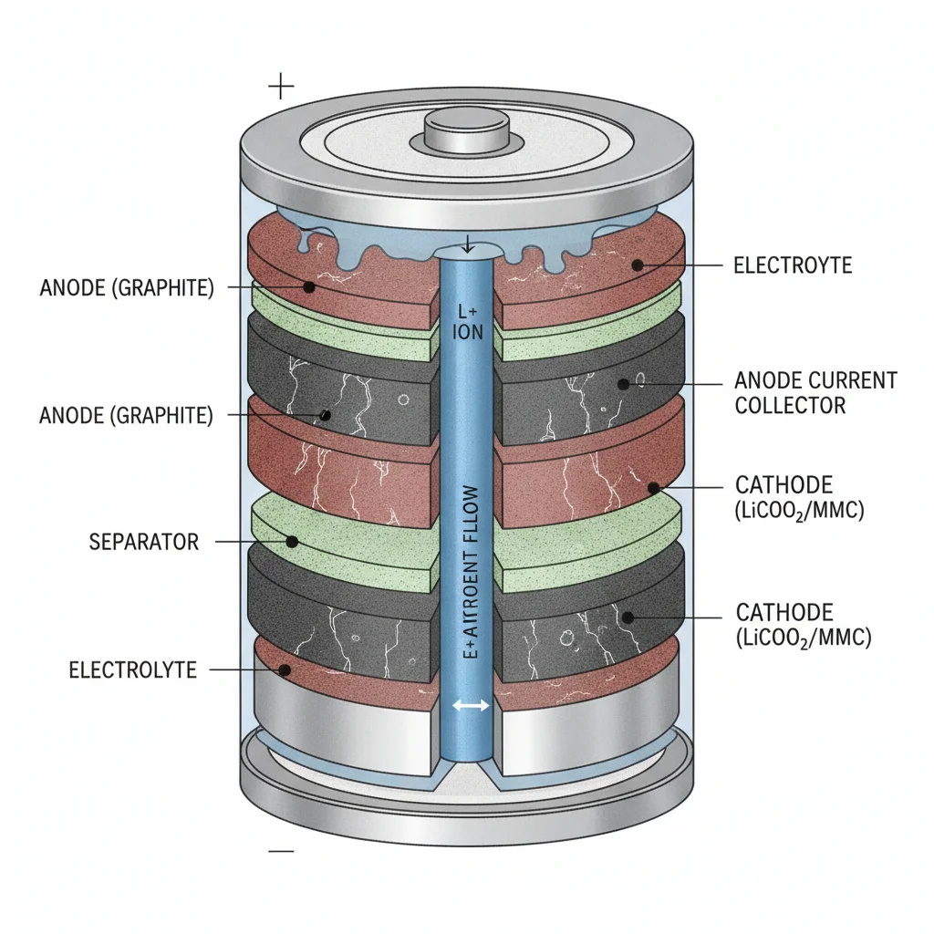 Technical cross-section diagram of a lithium-ion battery cell showing internal electrode layers