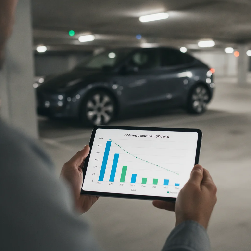 Person reviewing a tablet showing a chart of EV energy consumption data tracked week over week
