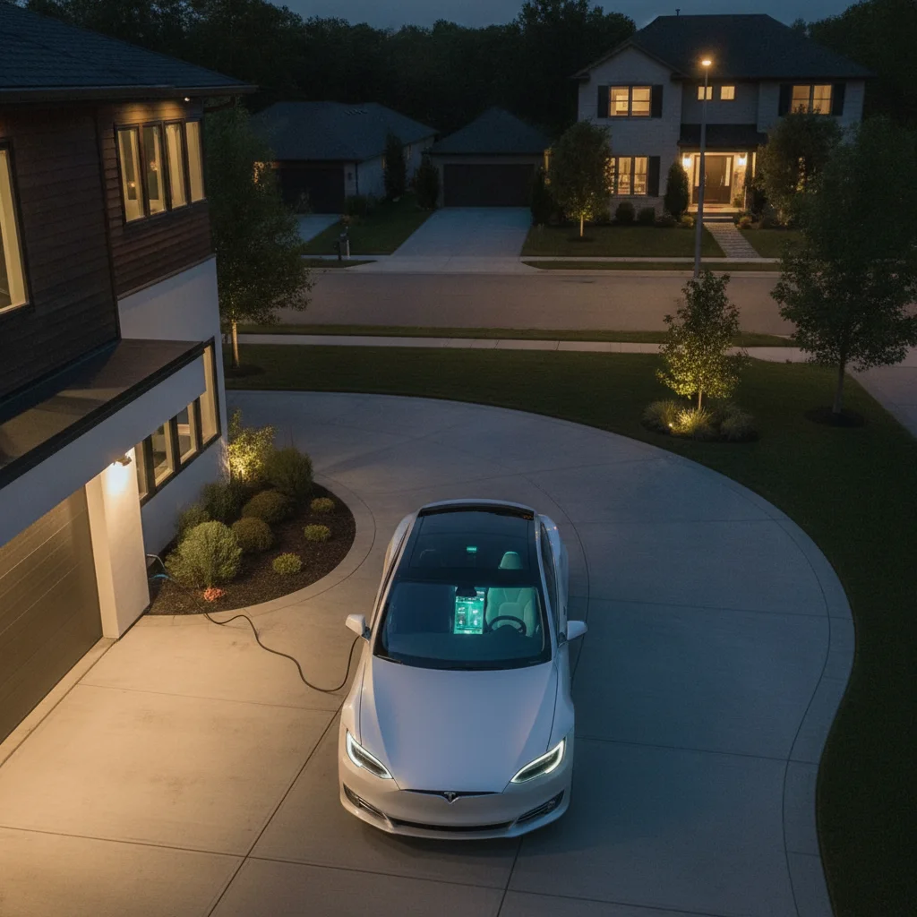 Electric vehicle parked in a residential driveway at night receiving an over-the-air software update