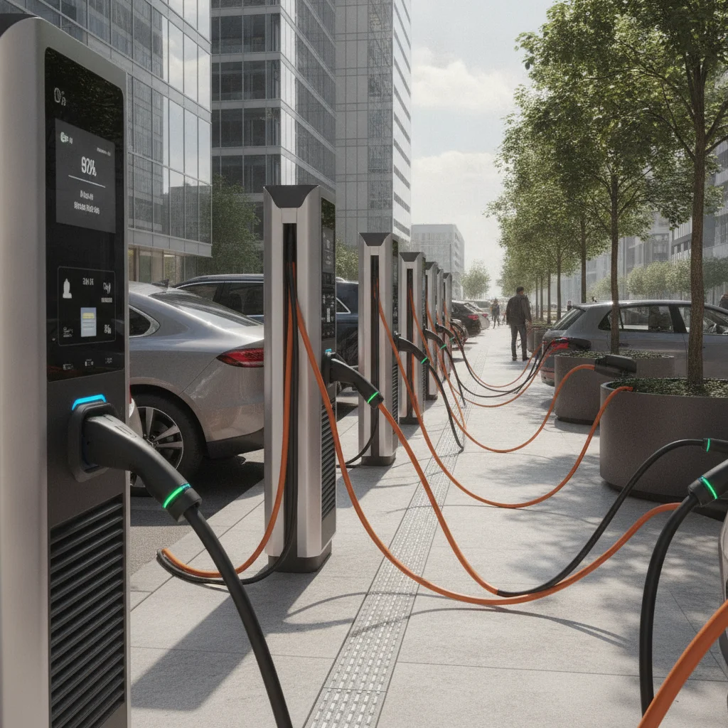 Row of DC fast chargers at a modern electric vehicle charging station with cars plugged in