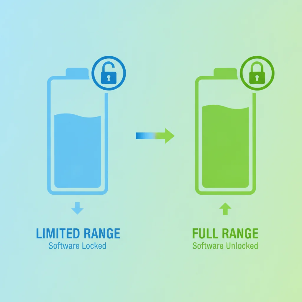 Illustration comparing limited battery capacity versus expanded usable capacity unlocked by software update