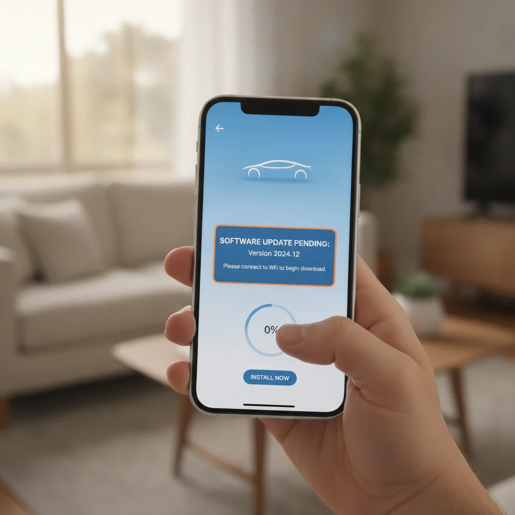 Person holding smartphone with EV manufacturer app showing a pending software update notification