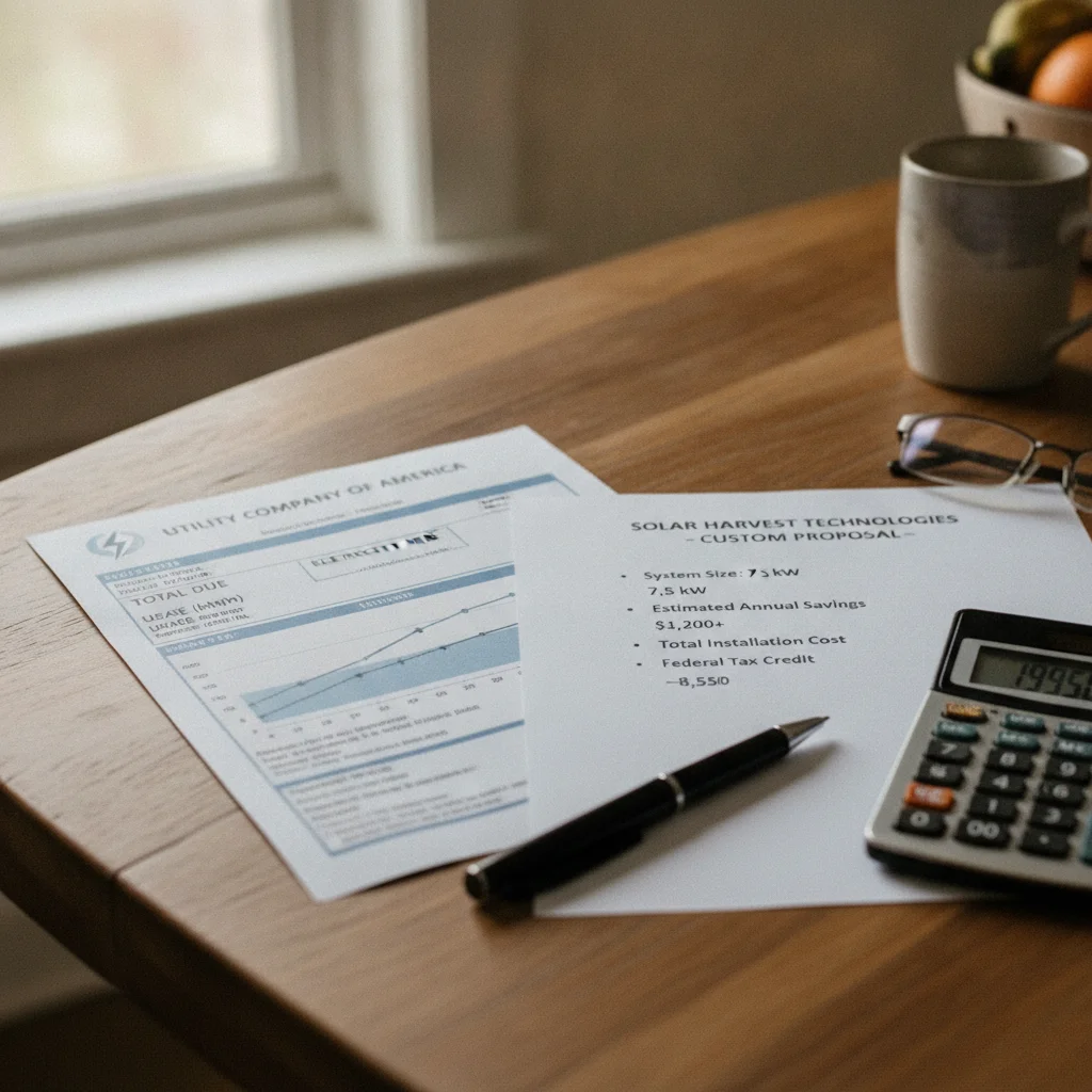 Residential electricity bill and solar installation quote documents placed side by side on a table with a calculator