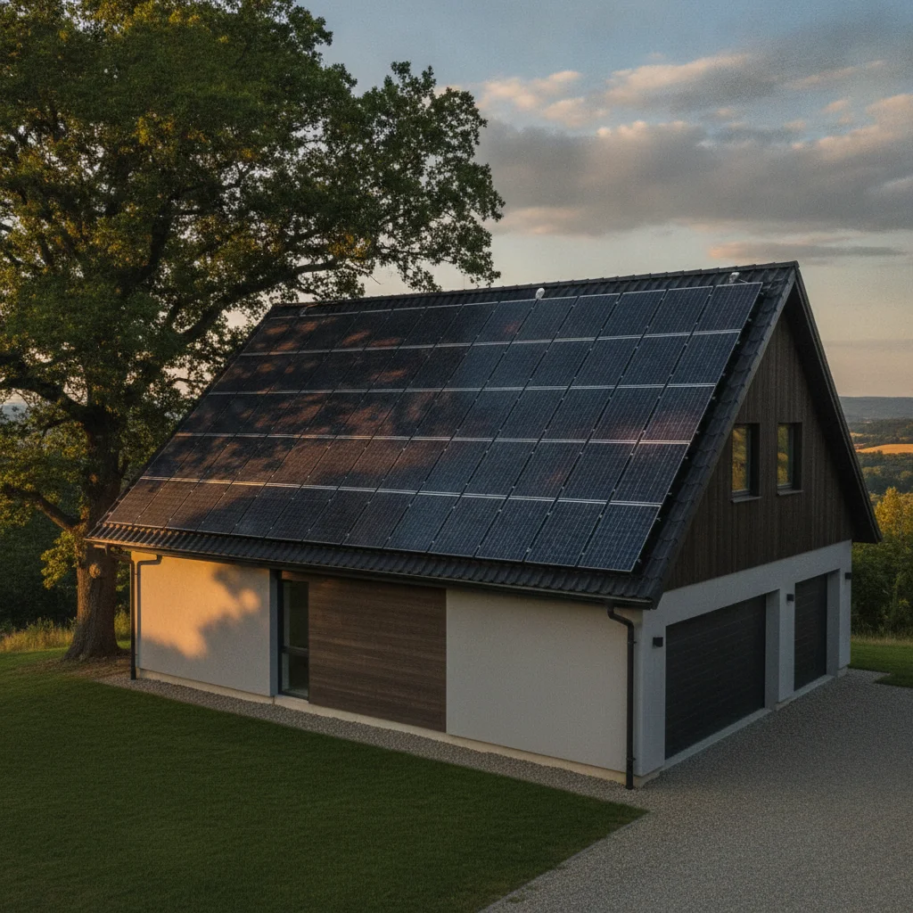 Rooftop solar panels partially shaded by nearby trees on a suburban home in late afternoon light