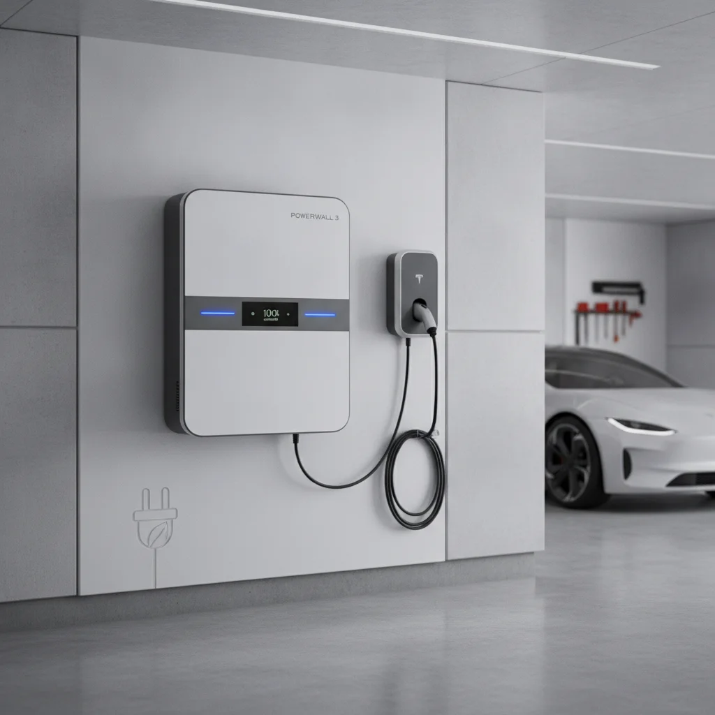 Home battery storage unit mounted on a garage interior wall beside a Level 2 EV charging station