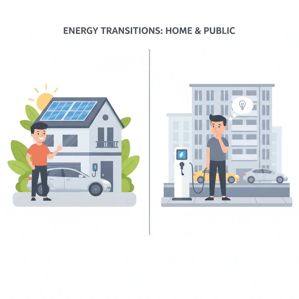 Split scene comparing a homeowner with solar EV charging setup to an apartment dweller using a public charger
