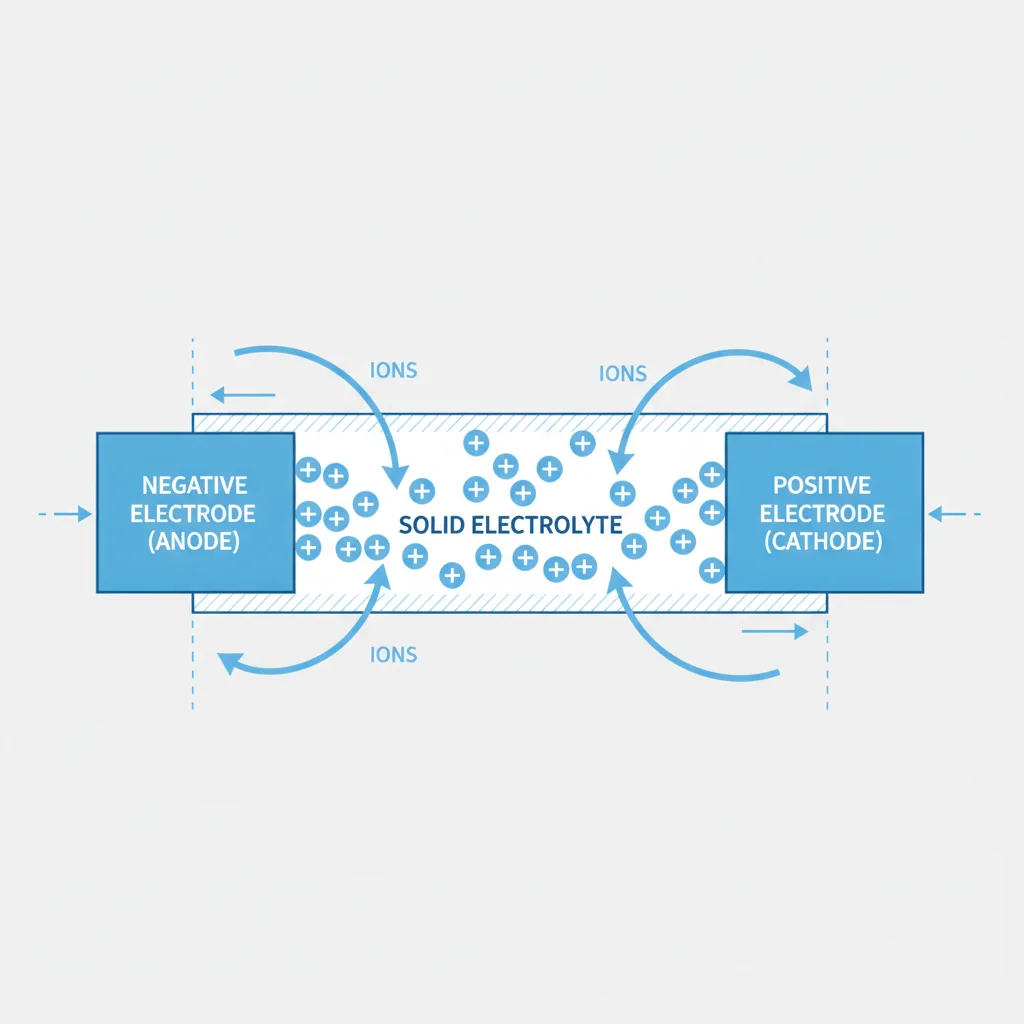 Technical diagram illustrating lithium ion movement through a solid electrolyte in a battery cell.