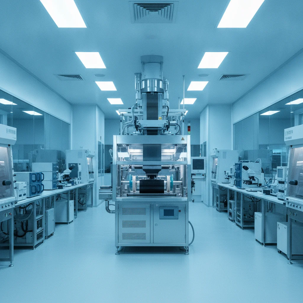Advanced battery manufacturing laboratory with electrode processing equipment and cleanroom environment.