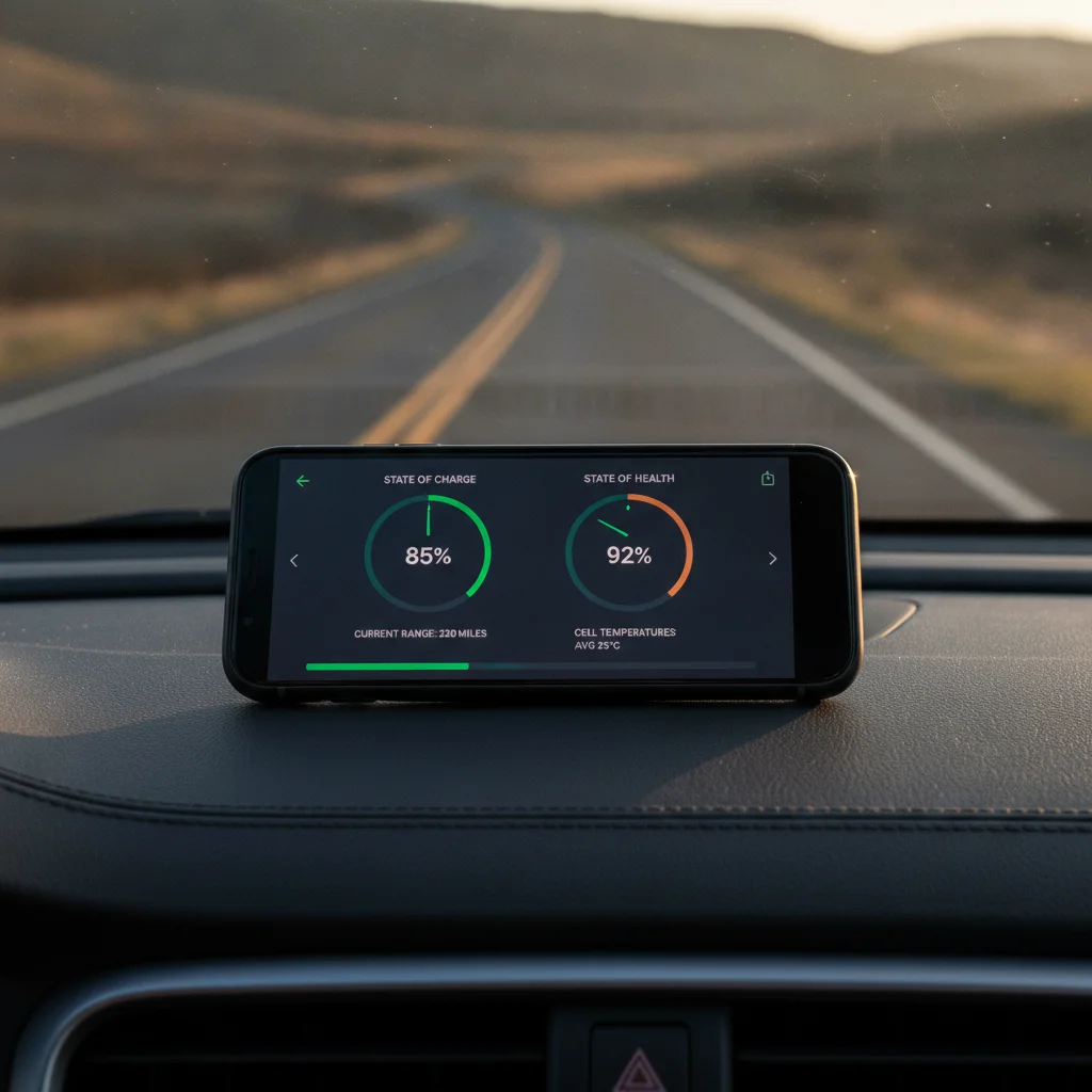 EV battery health app showing state of charge and state of health metrics on a smartphone mounted in a car.