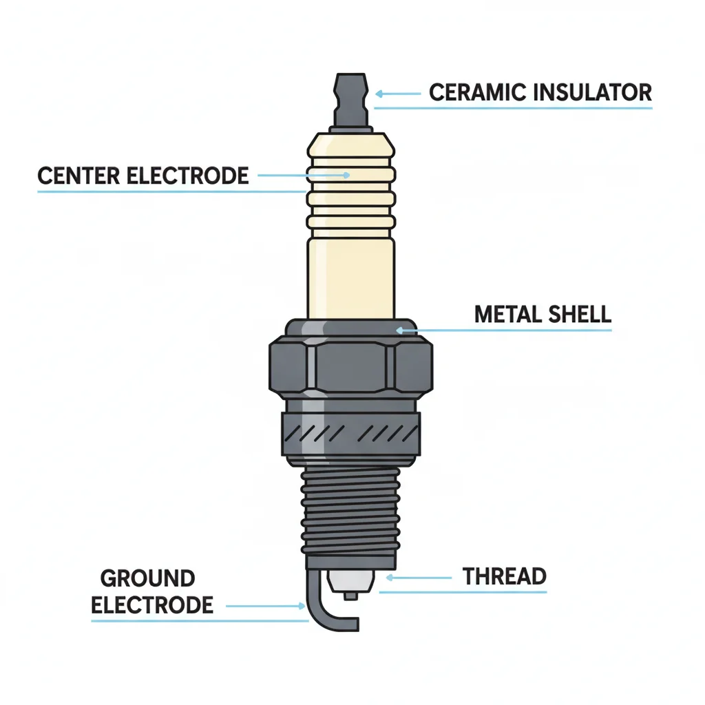 Cross-section diagram of a spark plug showing the center electrode, ceramic insulator, and threaded metal shell with labeled components