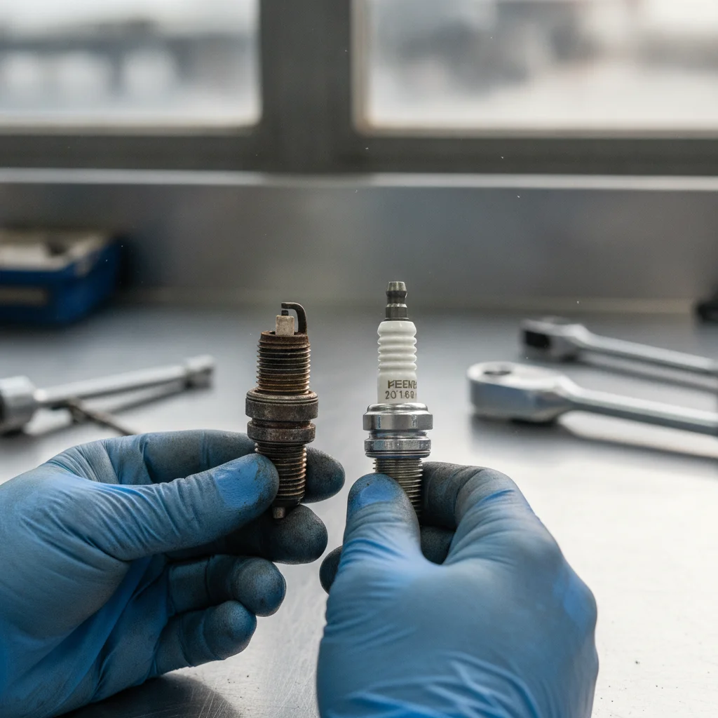 Side-by-side comparison of a worn spark plug with eroded electrode next to a new iridium spark plug with a sharp fine tip