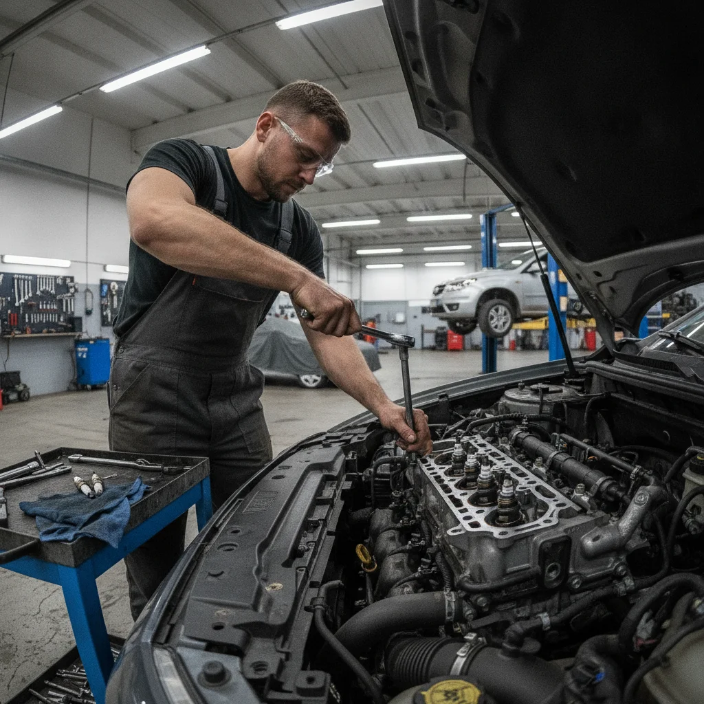 Mechanic using a ratchet wrench to remove a spark plug from a car engine cylinder head in a professional garage
