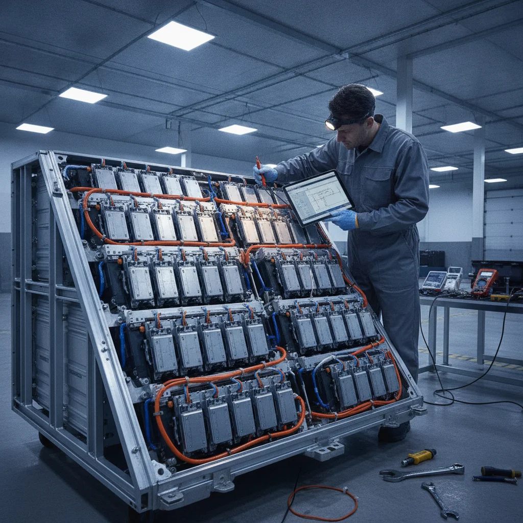 Automotive technician inspecting a large EV battery pack in a modern repair facility