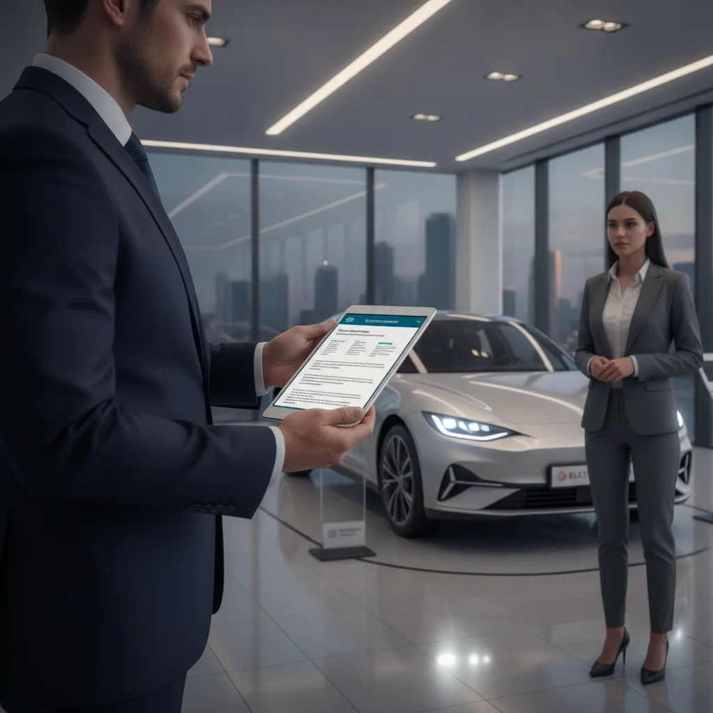 Insurance agent reviewing EV policy details on a tablet next to an electric vehicle in a showroom