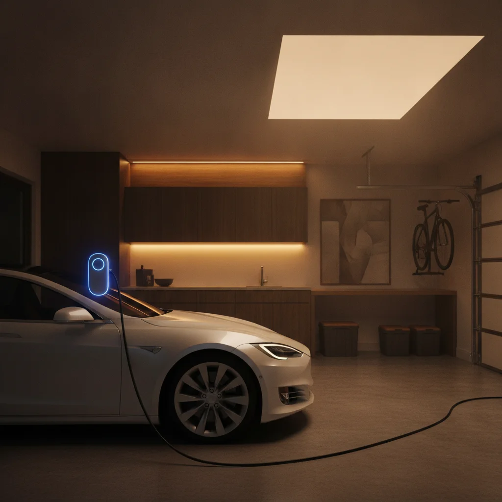 Electric vehicle connected to a wall-mounted Level 2 home charger inside a residential garage at night