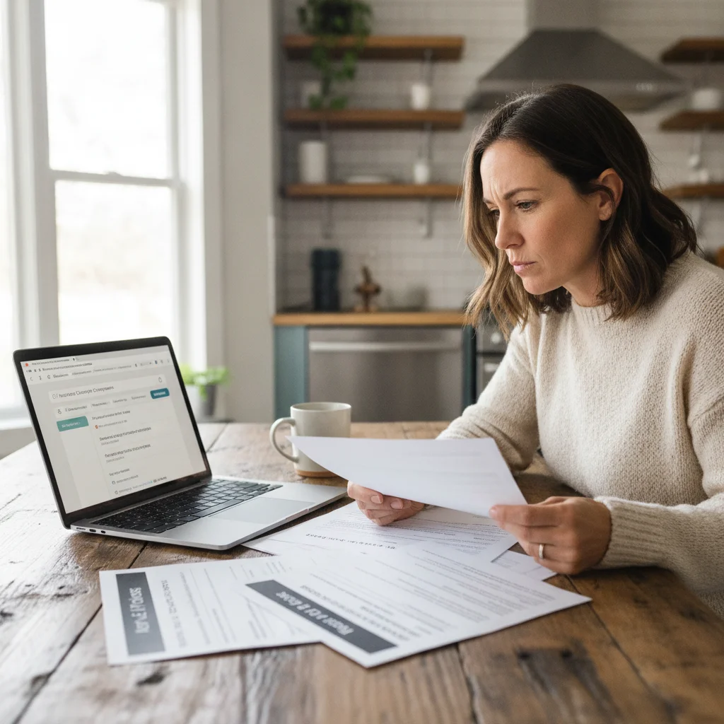 Person comparing EV insurance policy documents on a laptop at a kitchen table