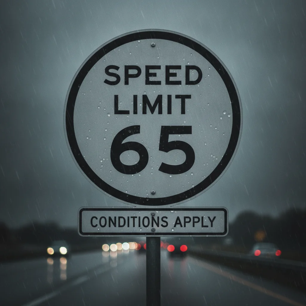 Close-up of a speed limit sign on a rain-soaked highway with blurred dark background