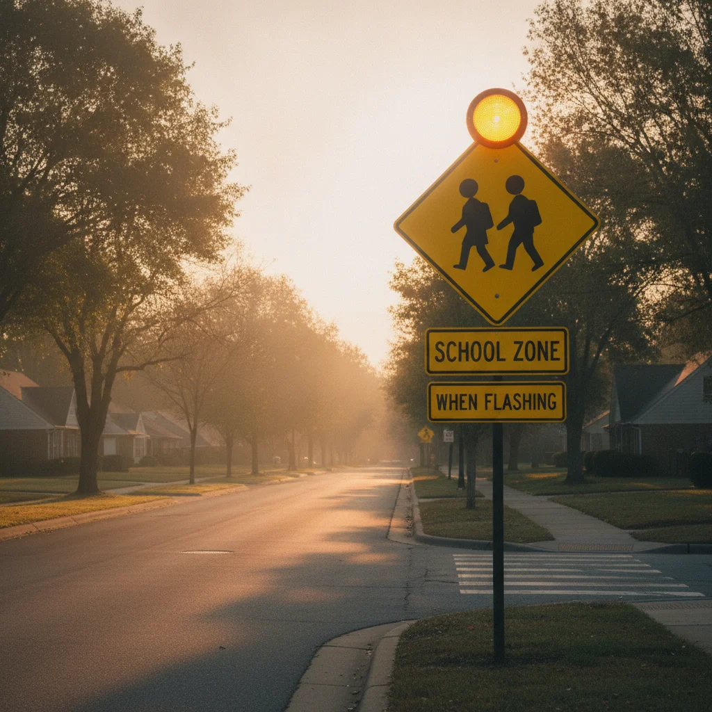 School zone speed limit sign with flashing yellow beacon on a quiet suburban street in early morning