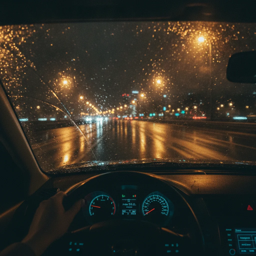 Driver's perspective through a wet windshield at night with rain-slicked highway and reflective lights
