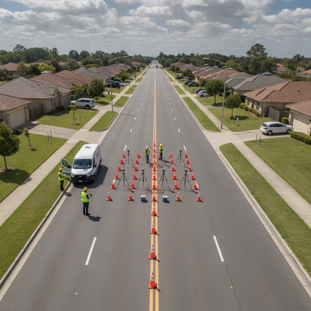 Aerial view of a road speed study with traffic cones and measurement equipment on a suburban street