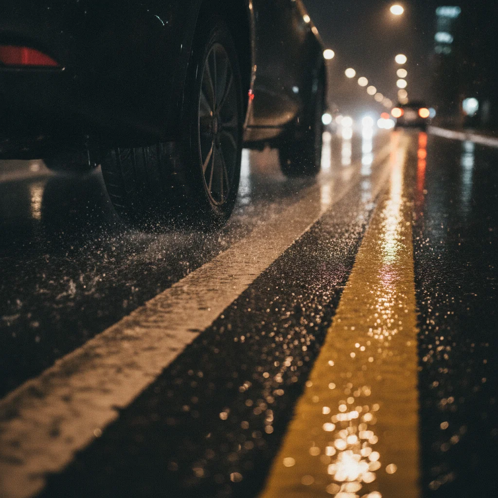 Car tires moving through standing water on a rain-soaked road at night with lane markings reflecting light