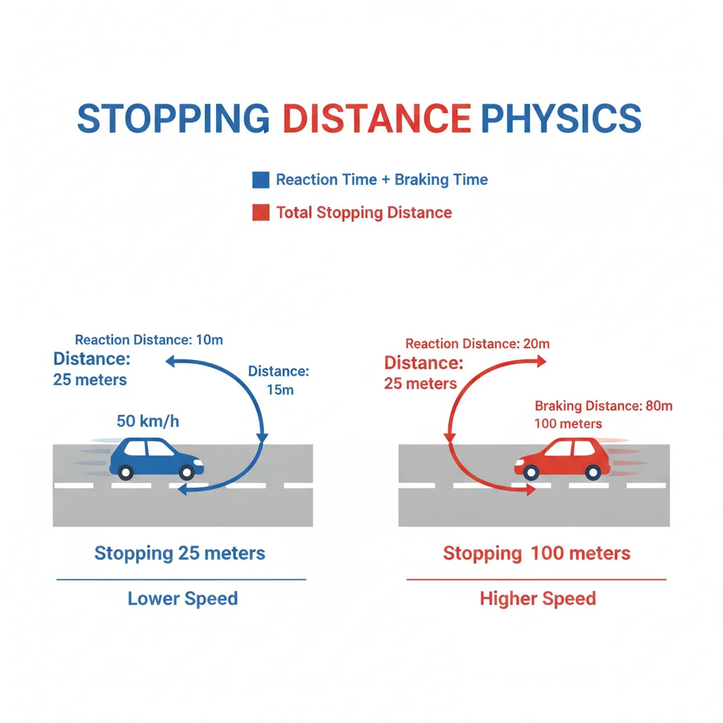 Diagram comparing stopping distances of two vehicles traveling at different speeds on a road