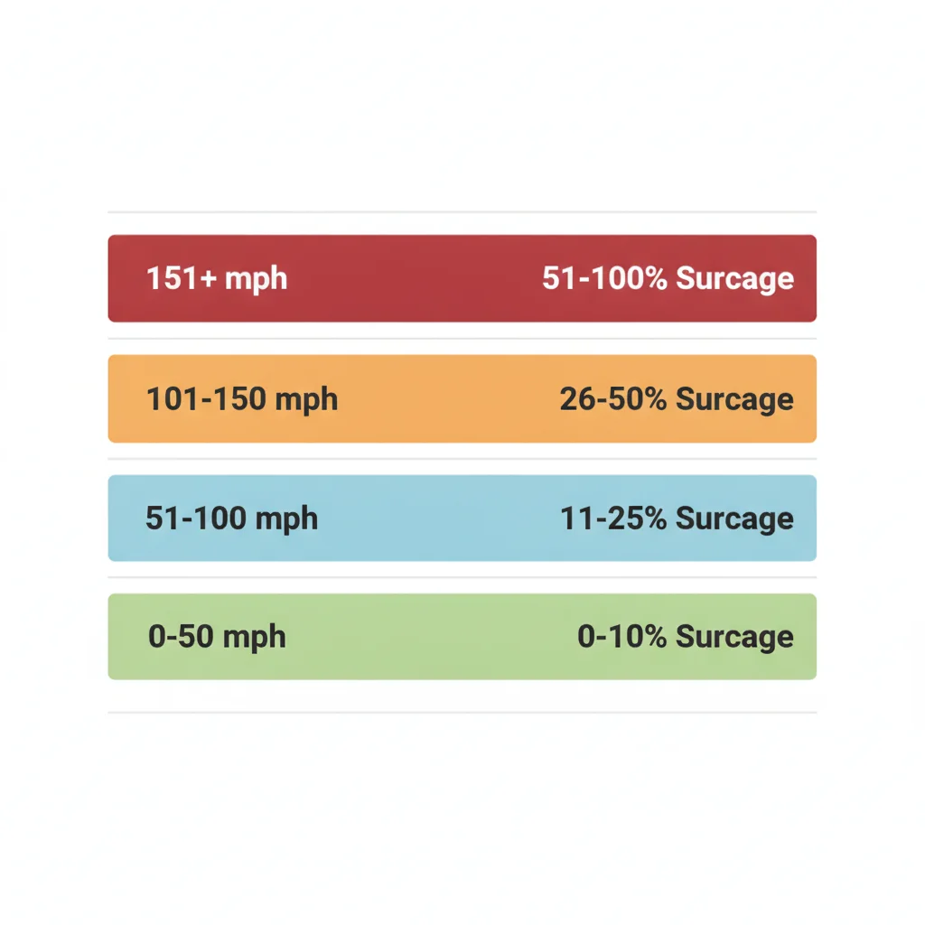 Infographic showing four speeding violation tiers with corresponding insurance surcharge percentage ranges