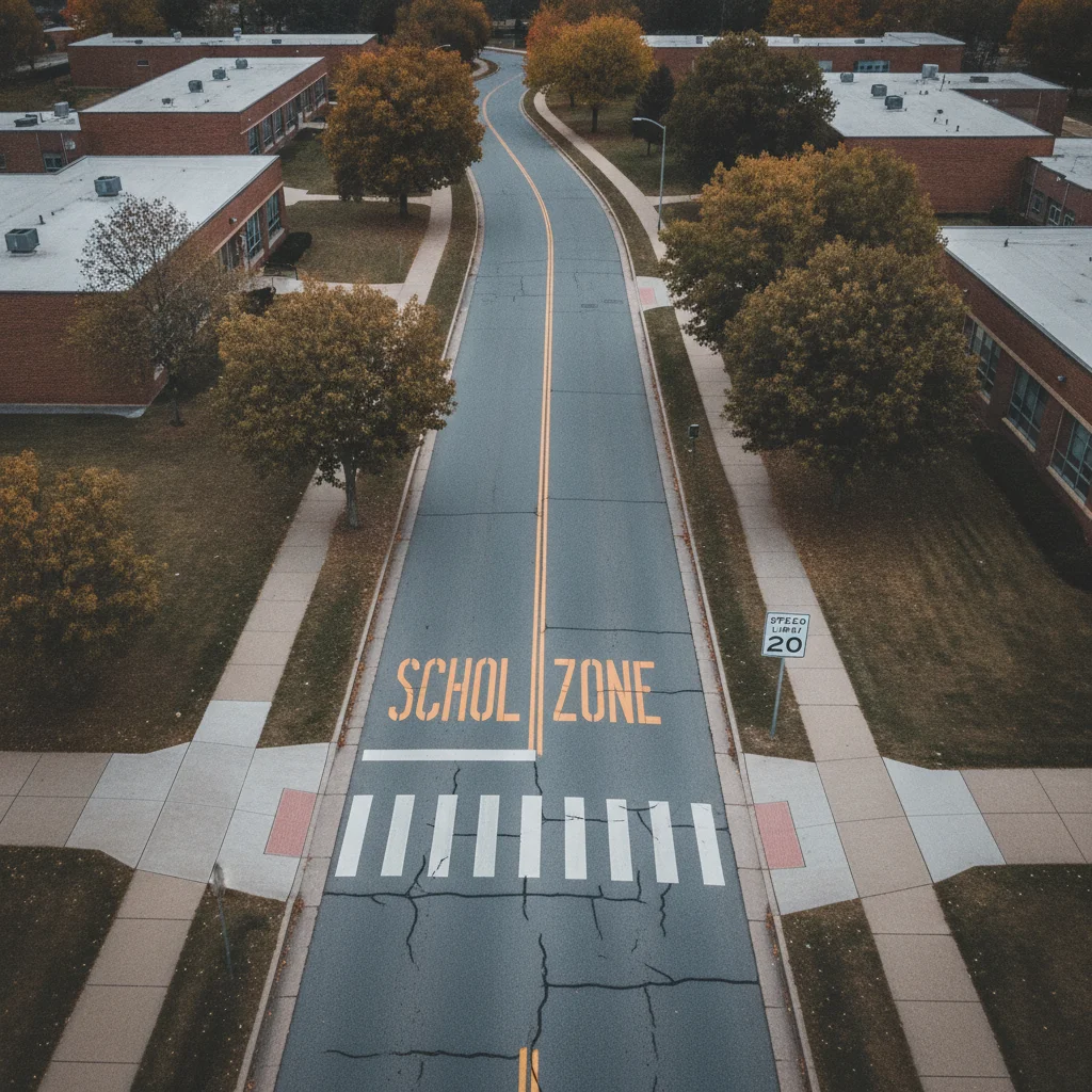 School zone speed limit sign on a quiet road, representing an aggravating factor in speeding violations