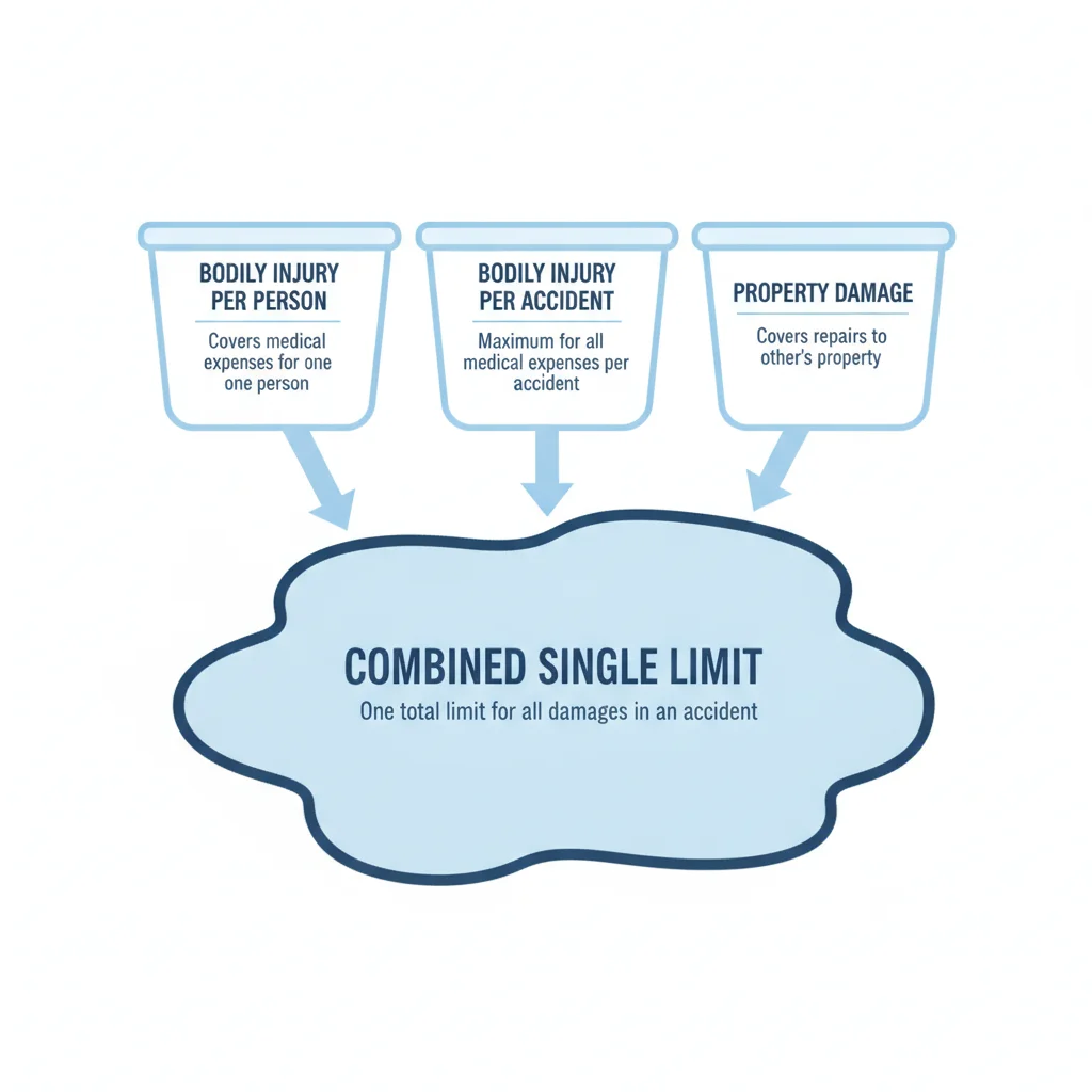 Diagram comparing three separate liability buckets in split limits versus one unified pool in combined single limit coverage