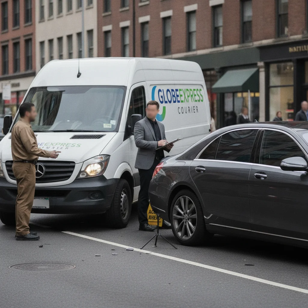 Commercial delivery van involved in a minor collision with a luxury sedan on a city street