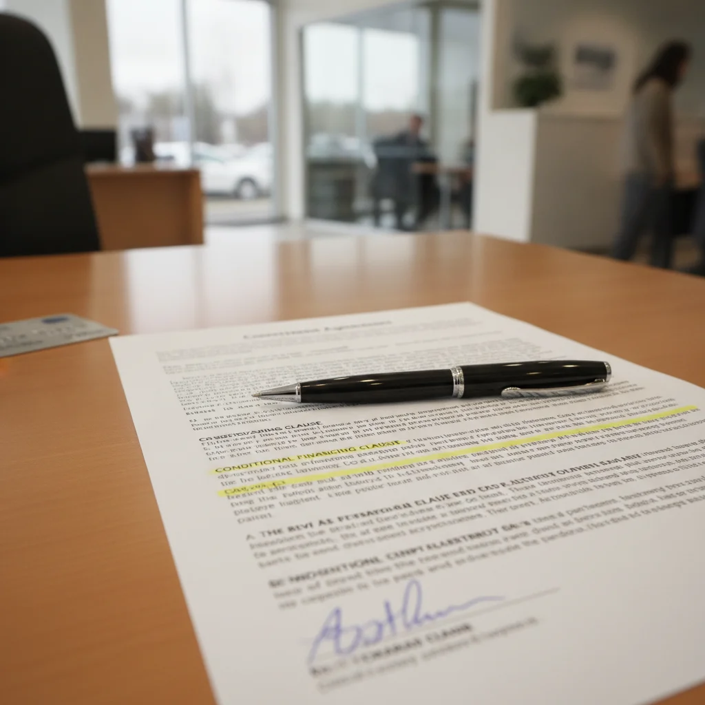 Close-up of a car finance contract showing conditional financing clause language with a pen resting on it