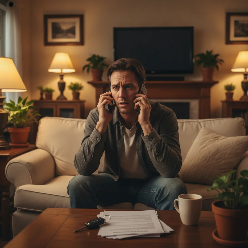 Stressed car buyer at home receiving an unexpected call from the dealership with car keys on the table