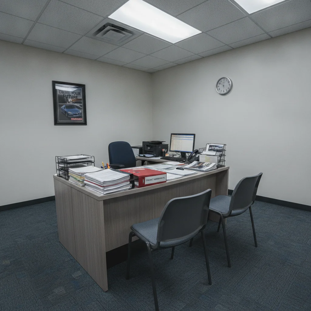 Empty car dealership financing office desk covered in loan documents and brochures under fluorescent lighting