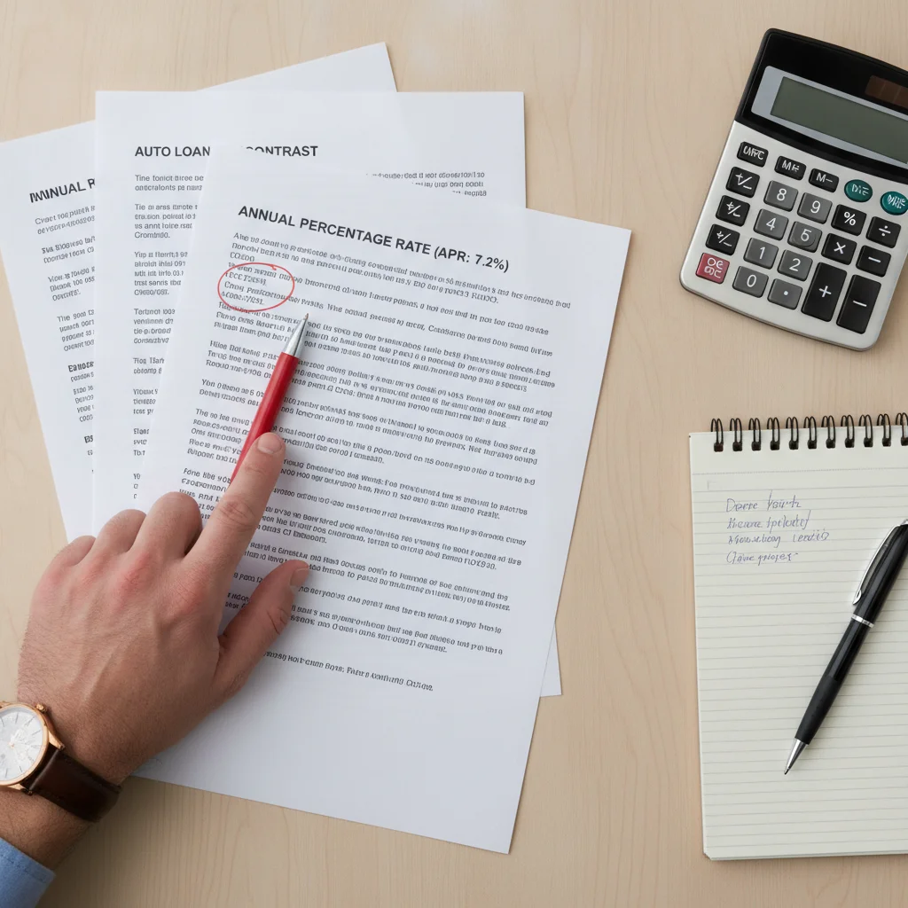Auto loan contract with fine print circled in red pen alongside a calculator and notepad on a desk
