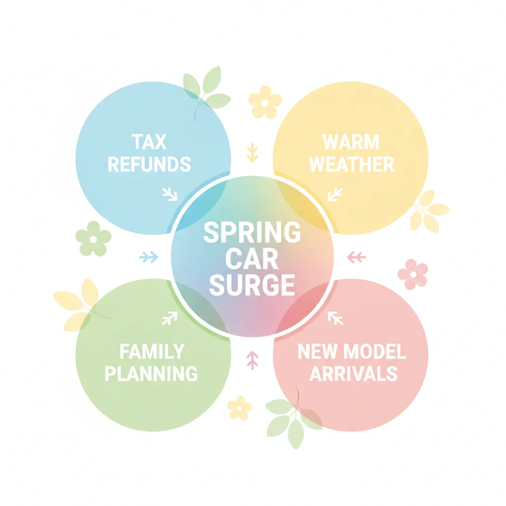 Diagram showing four seasonal forces — tax refunds, warm weather, family planning, and new model arrivals — converging to create the spring car shopping surge