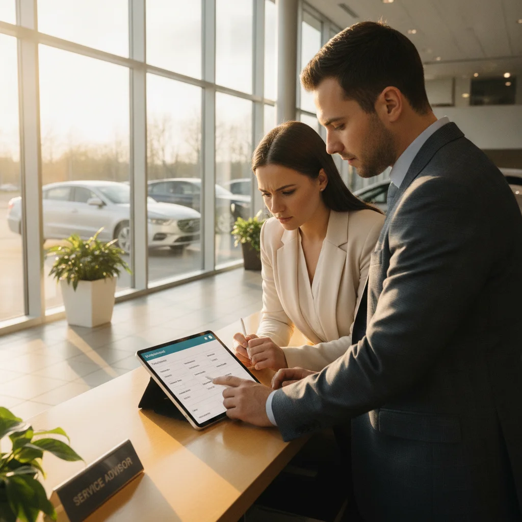 Dealer reviewing trade-in appraisal with customer at dealership counter in spring