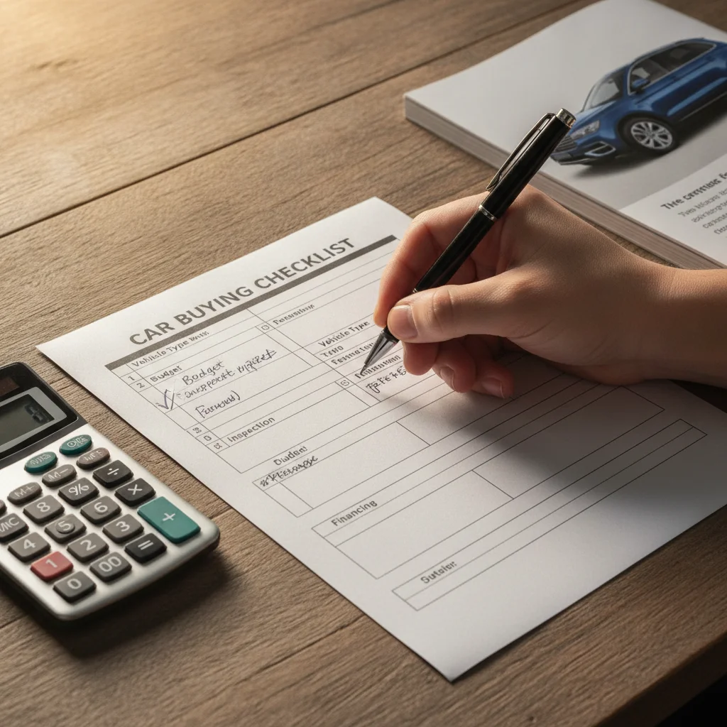 Person writing on a car buying checklist with a calculator and vehicle brochure on a desk