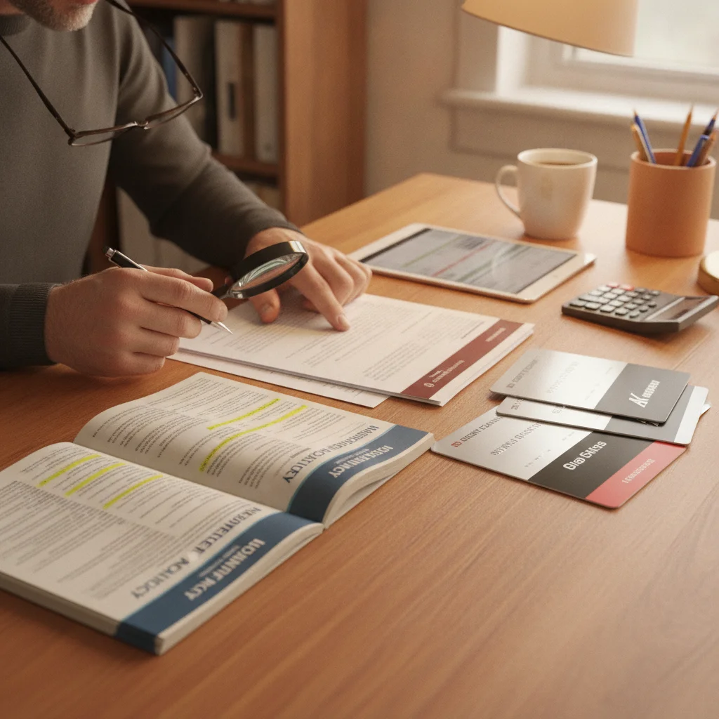 Person reviewing multiple insurance documents and credit card benefit guides side by side