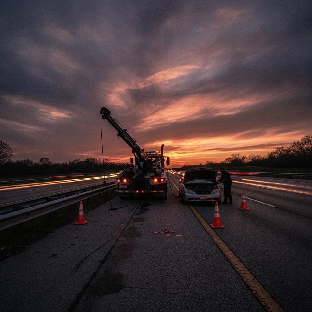 Tow truck assisting a broken-down vehicle on a highway at dusk with safety cones