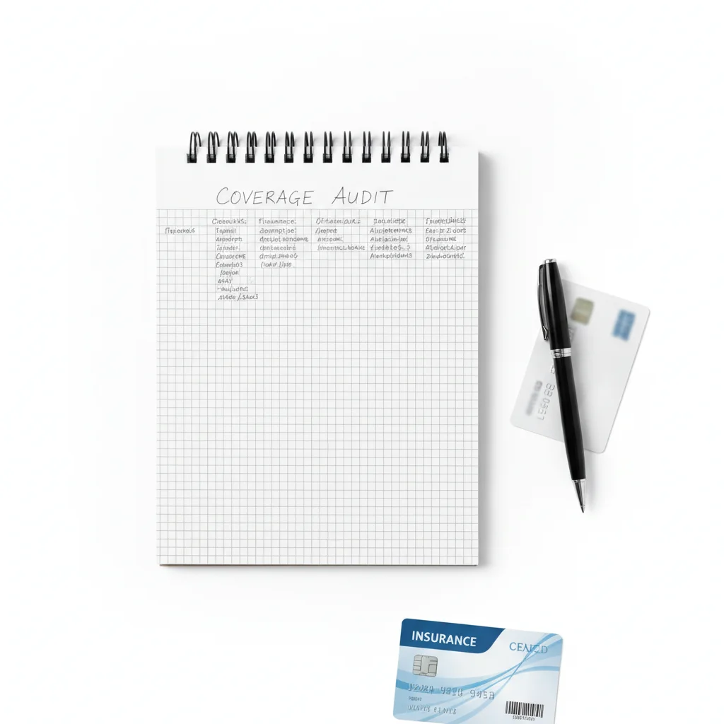 Handwritten coverage audit grid in a notebook with a credit card and insurance card nearby