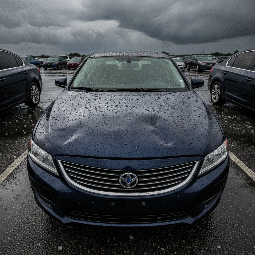 Close-up of a car hood with significant hail damage showing multiple dents after a storm
