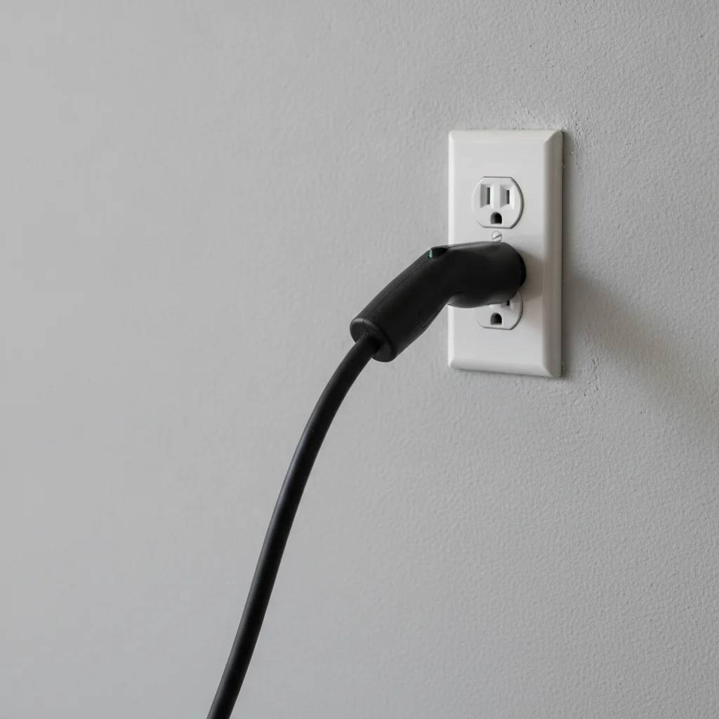 Level 1 EV charging cord plugged into a standard 120-volt household outlet in a garage