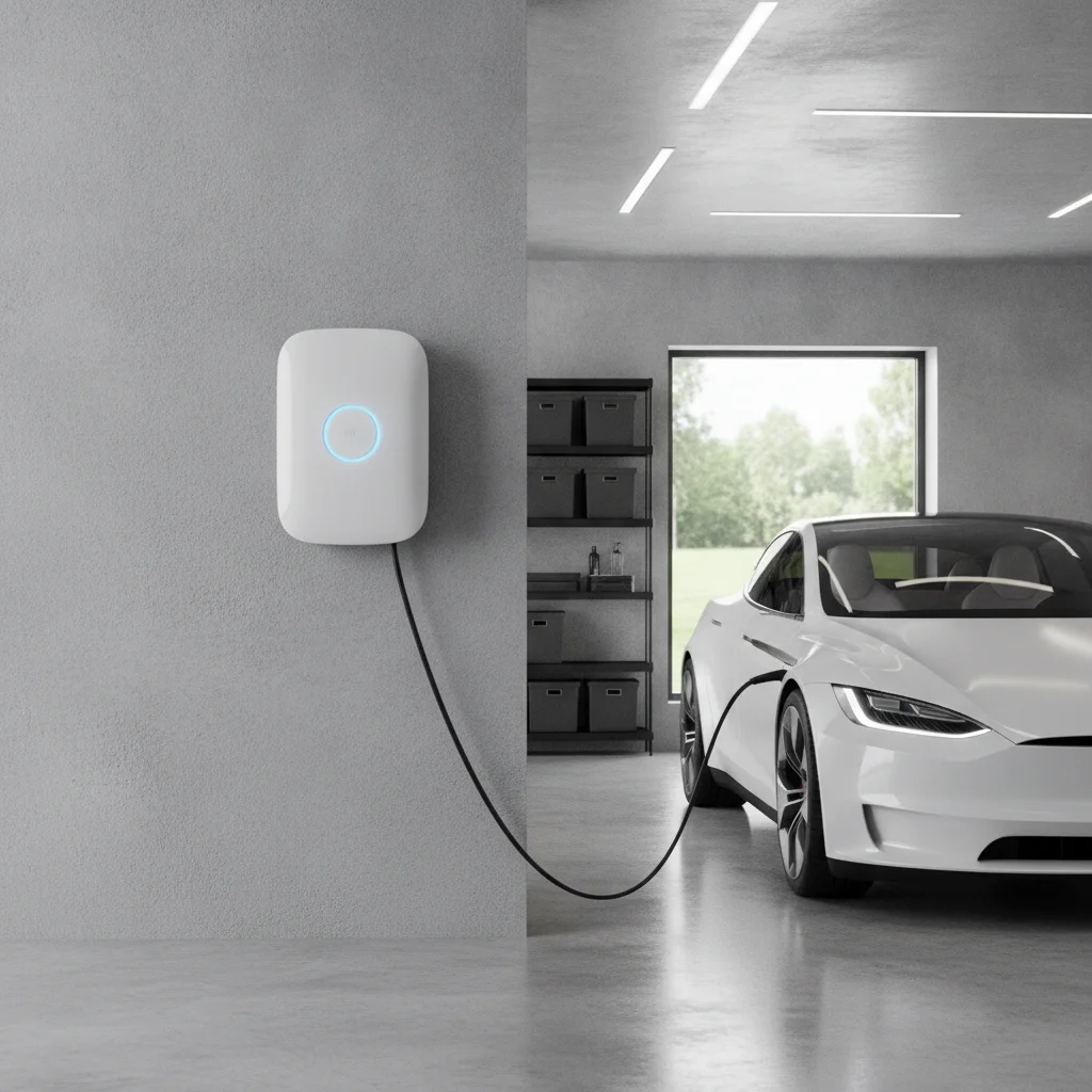 Level 2 EV wall charger mounted in a modern garage with status indicator light glowing blue