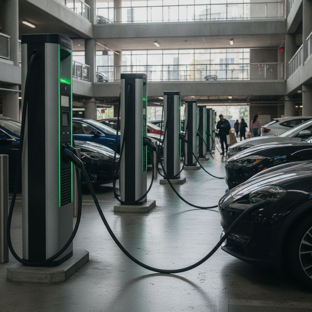 A row of modern DC fast chargers in a California urban parking garage, indicator lights active