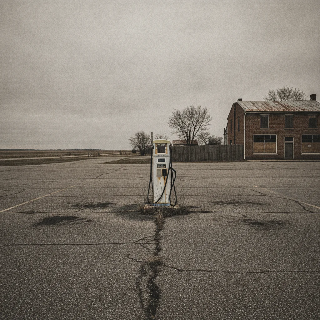 A solitary EV charging station in a small-town rural parking lot under an overcast sky